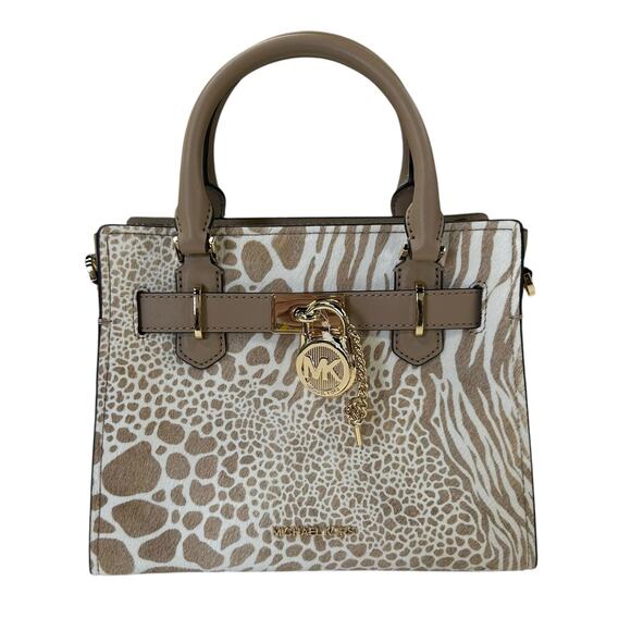 Michael Kors Handbags - NWT Michael Kors Camel Tan Animal Print Hamilton Small Leather Satchel Handbag